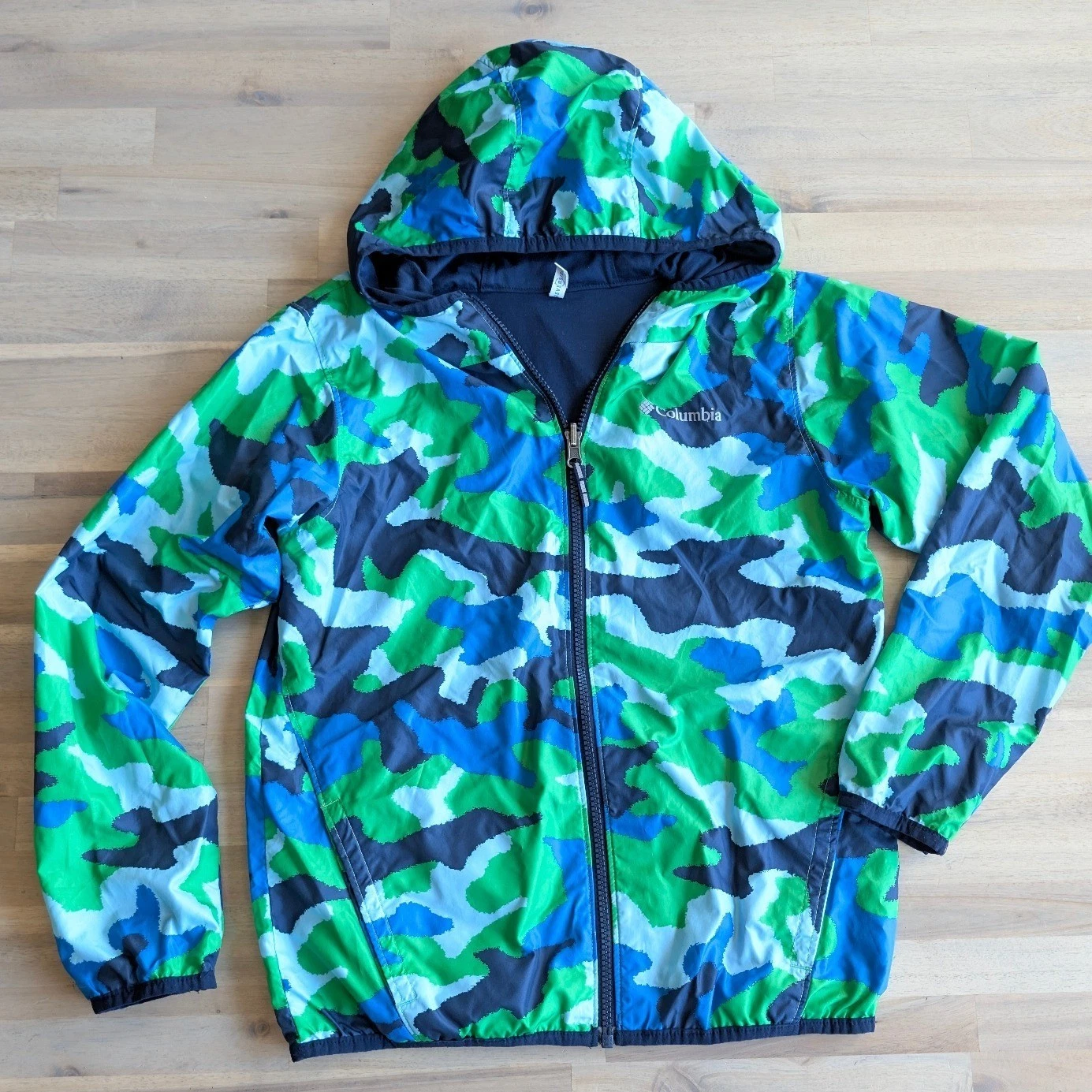 Columbia Reversible Hooded Windbreaker Jacket Boys Medium 10/12 Green Blue Camo