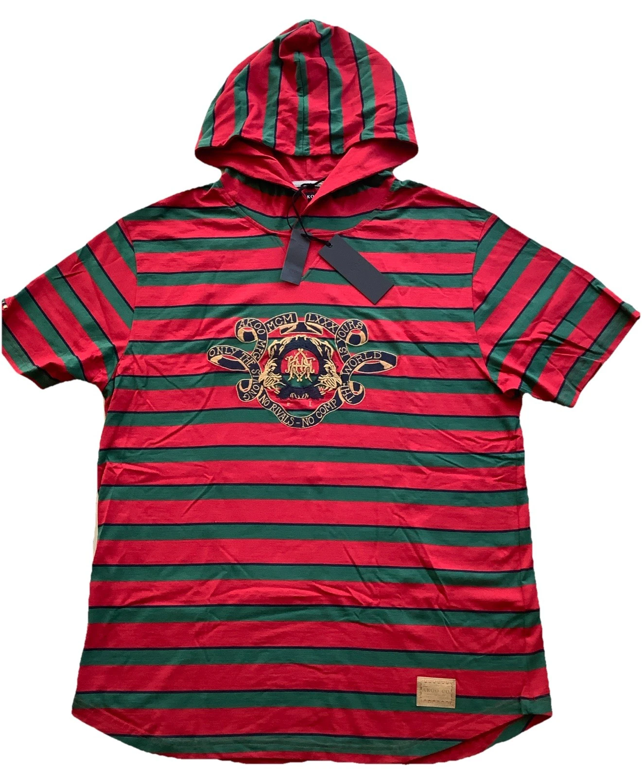 Akoo Lightweight Hoodie Large Red/Green Striped Short Sleeve Crest Y2K MSRP$69/-