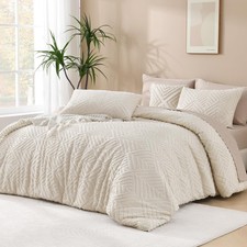 Queen Comforter Set Beige, 3 Pieces Queen Size Comforter Sets Boho Cream Soli...