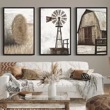 Farmhouse Wall Art Vintage Rustic Windmill Barn Cornfield Pictures Framed Pai...