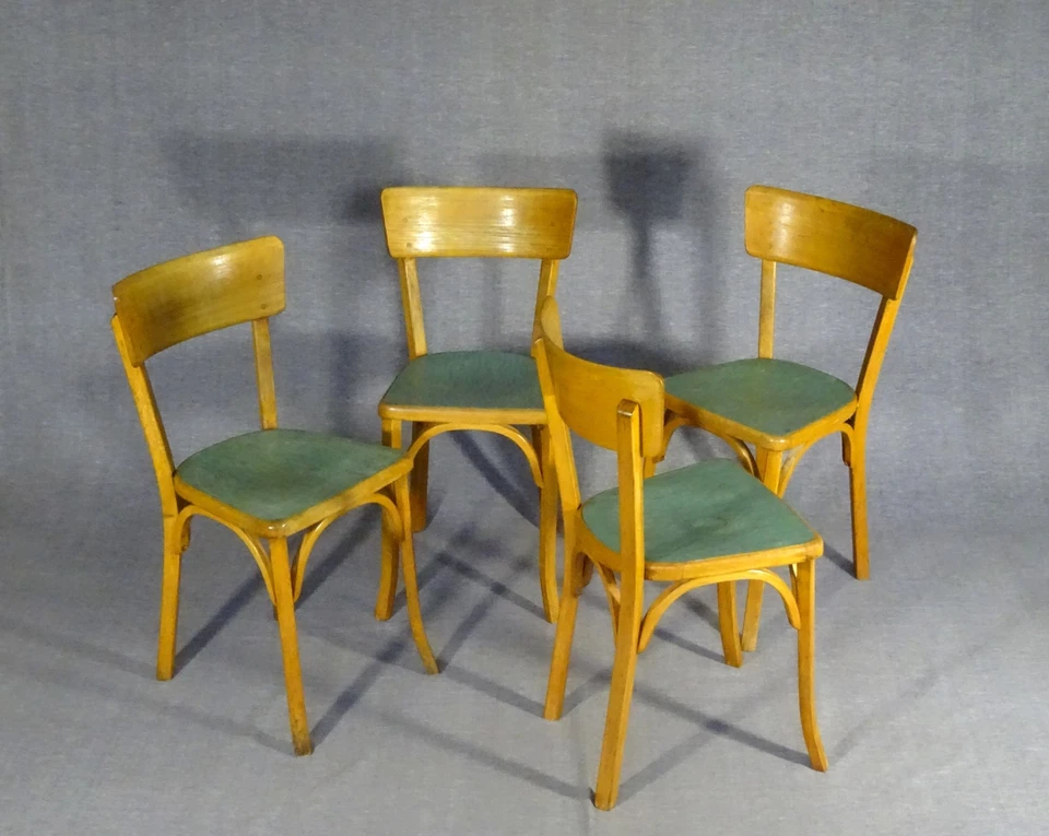 Lot de 4 chaises Baumann bistro cuisine bois et linoléum - 1955 - No Thonet - Photo 4/4