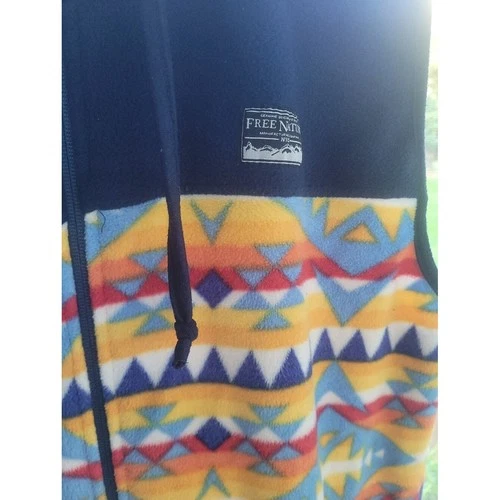 Free Nature Fleece Vest Hood Yellow Blue Aztec Southwest Zip Up XL image 2