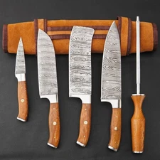 Damascus Chef Knife 05 Pcs Handmade Damascus Kitchen Knife set With Leather Bag