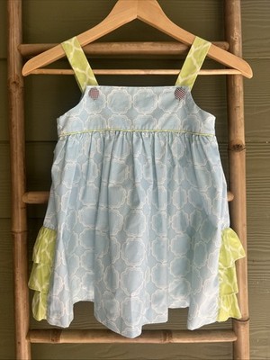 Shrimp & Grits Overall Top Ruffled Girls Blue And Green Pinafore Style Size 7