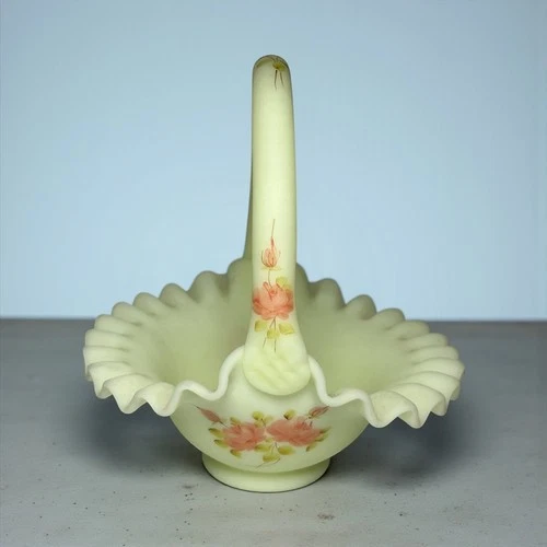 Fenton Custard Satin Glass Basket Glows Uranium Signed L. McMullen 7.5"X7"X6.5"