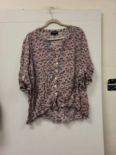 Cynthia Rowley Woman Blouse 1X Floral Print 3/4 Sleeve Button Rayon Top