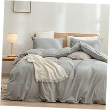 Duvet Cover Set 100 Washed Cotton Queen 90" x 90" Light Grey No Comforter