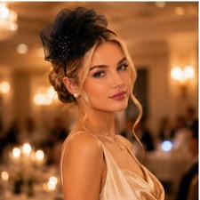Black Mesh Beaded Fascinator Headband for Women One Size Wedding Formal