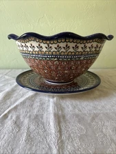 Polish Pottery UNIKAT  BIG 2 pc Cranberry Medley Fruit Bowl. Signed T. Liana.