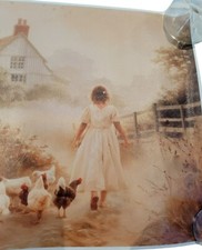 Girl With Chickens Country Scene Reprint PVC Canvas Of Antique Painting 16x12"