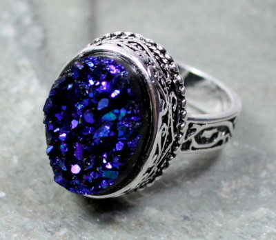 SILVER Vintage Style Royal Blue Rainbow Titanium Druzy Oval Ring, WR11112