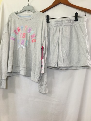 New Justice Girls Gray Long Sleeve Top & Short 2 Pc Pajama Set M - Picture 3 of 5