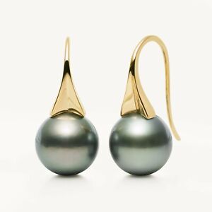 Round Silver Tahitian Cultured Pearl Drop Earrings 14k Yellow Gold 10.5-11mm