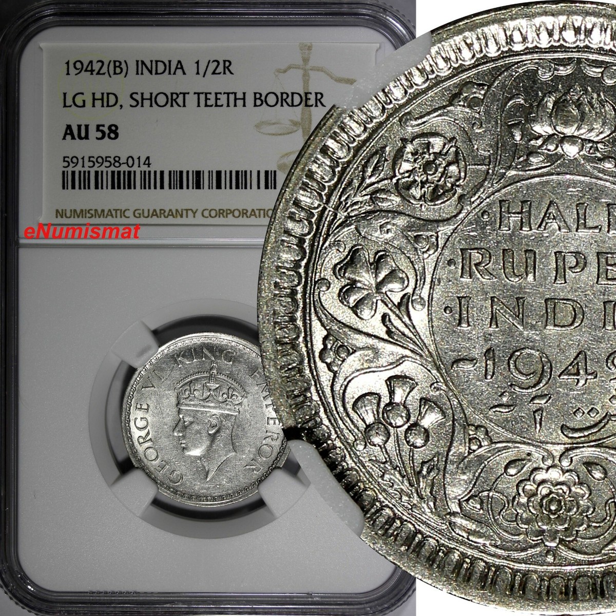 India-British George VI Silver 1942 (B) 1/2 Rupee Large Head