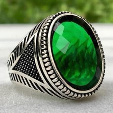 Solid 925 Sterling Silver Green Zircon Stone Men's Ring