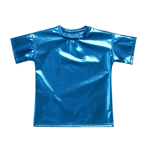 Girls Shiny Metallic T-Shirts Round Neck Crop Tops Party Hip-hop Jazz Tops - Picture 55 of 77