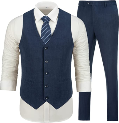Furuyal Formal/Casual Linen 2 Piece Vest and Pants outfit Medium Navy Blue  | eBay