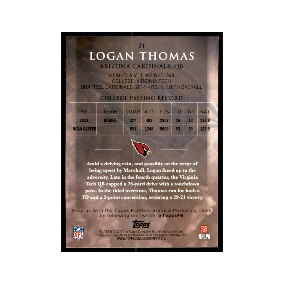 2014 Topps Valor Logan Thomas RC Football Cards #31 - Image 2 of 3