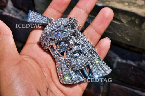 Jumbo Jesús Cabeza Blanco Enchapado en Oro Blanco Laboratorio Diamantes Simulados, Cadena Helada - Imagen 3 de 8
