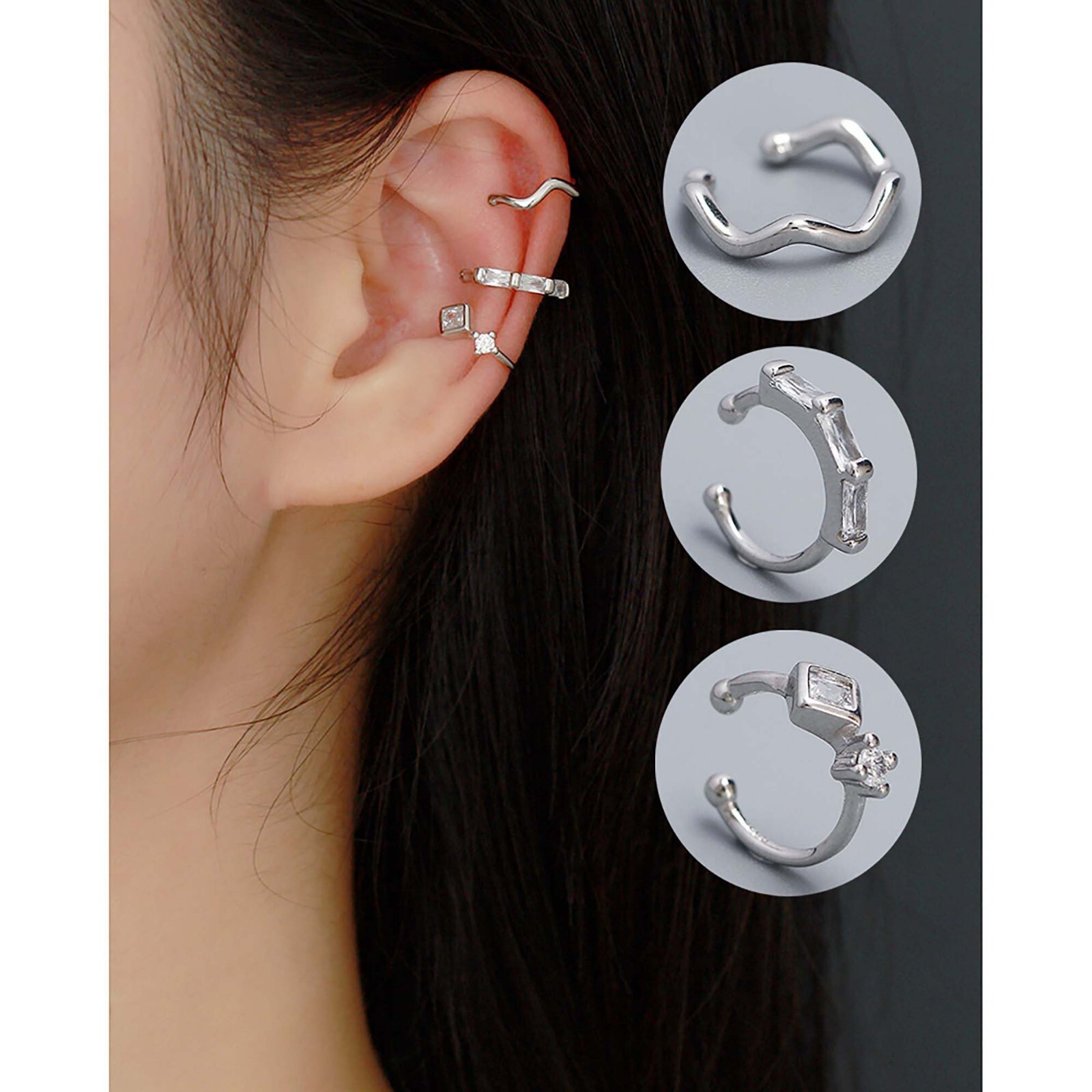 Juego de 3 Pendientes Cartílago Brazalete Oreja Sin Piercing Media Eternidad Anillo Pendientes