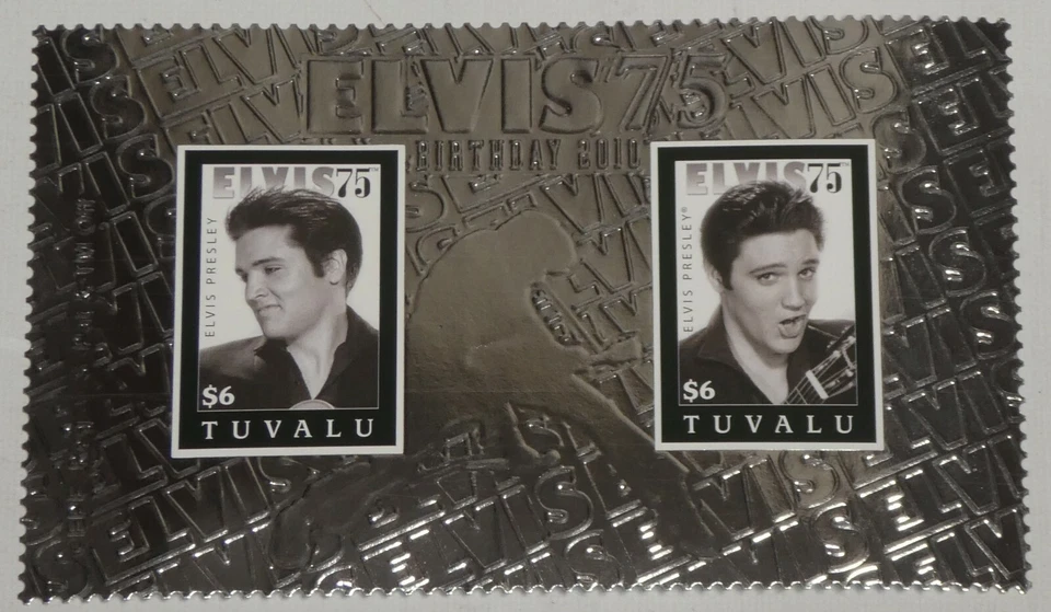 Elvis Presley $6 Tuvalu Stamp Silver Foil Souvenir Sheet 2 Stamps 2010 The King - Image 3 of 4