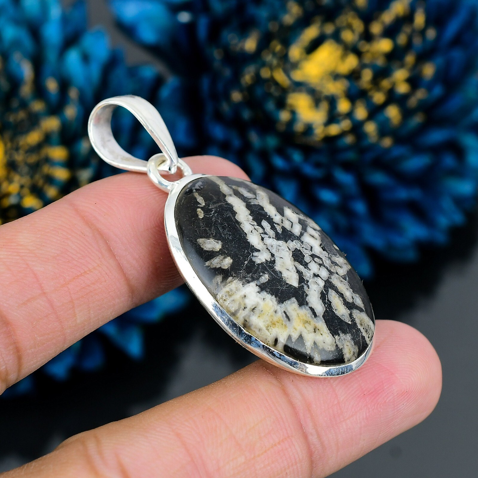 Natural Chrysanthemum Gemstone Pendant 925 Sterling Silver Jewelry For