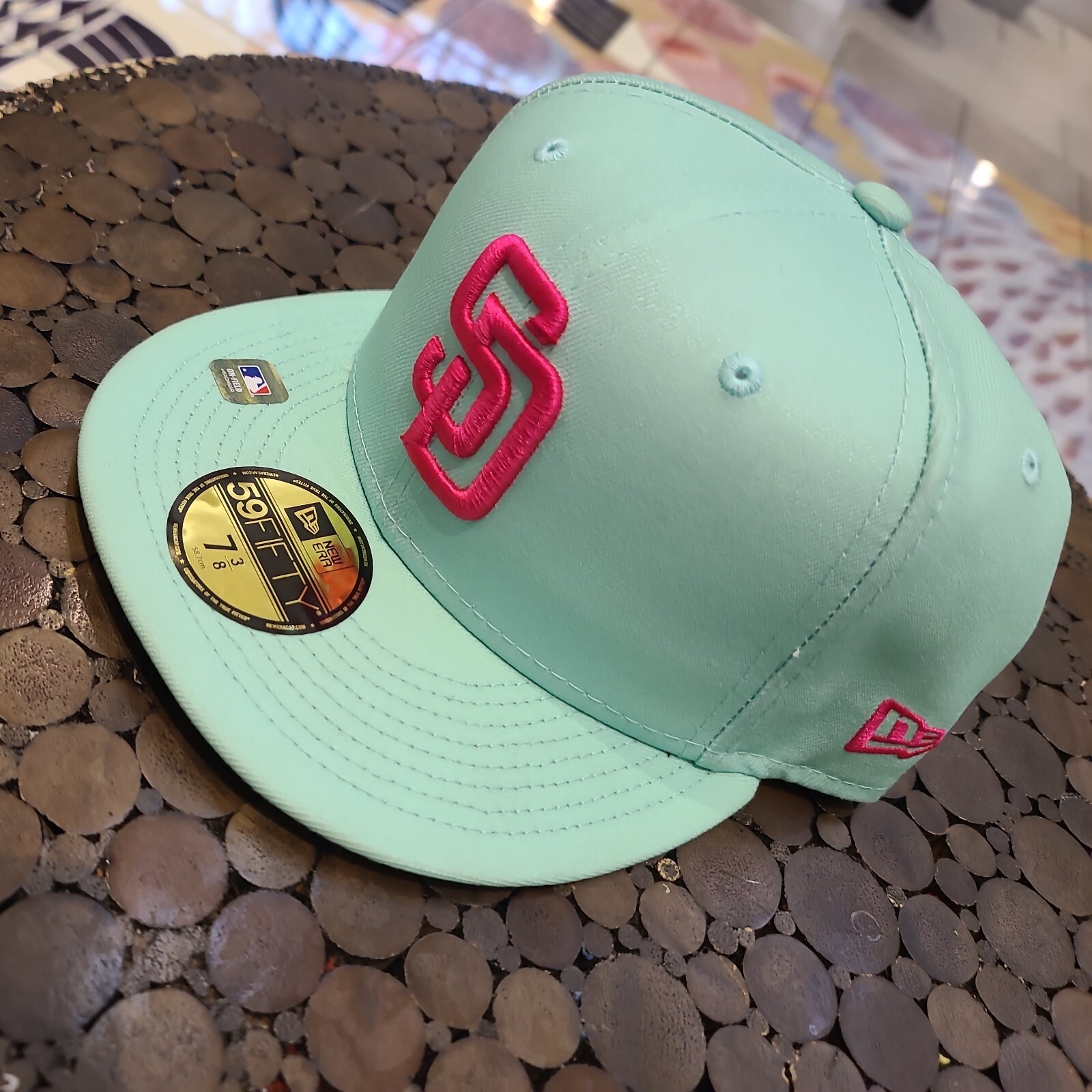 (City Connect Colors) San Diego Padres New Era MLB 59FIFTY 5950 Fitted Cap Hat White Crown Teal Visor Teal/Magenta/Yellow 40th Anniversary Side Patch