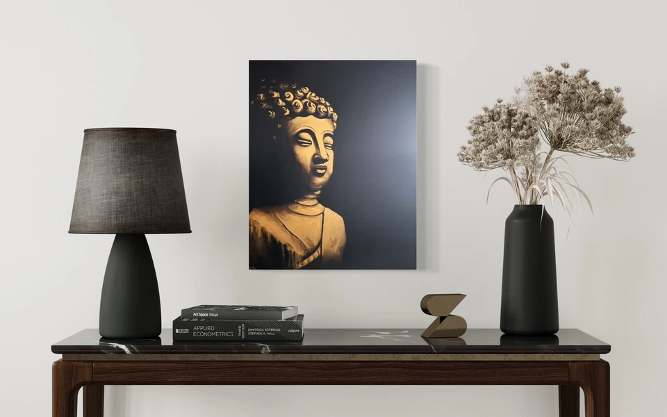 El espacio oscuro, acrílico original pintado a mano sobre lienzo estirado. Buda de Oro Foto 2 de 4