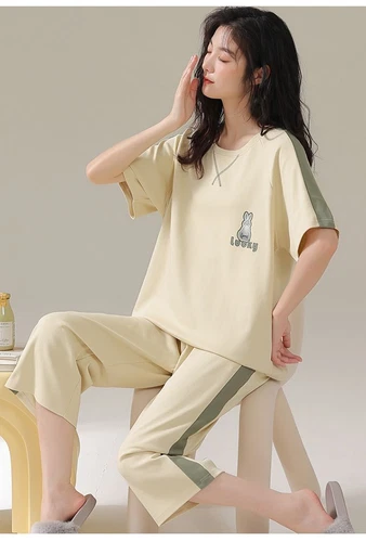 Women Capri Pajama Set 100% Cotton Short Sleeve Top+Pants Sleepwear Homewear - Bild 20 von 21