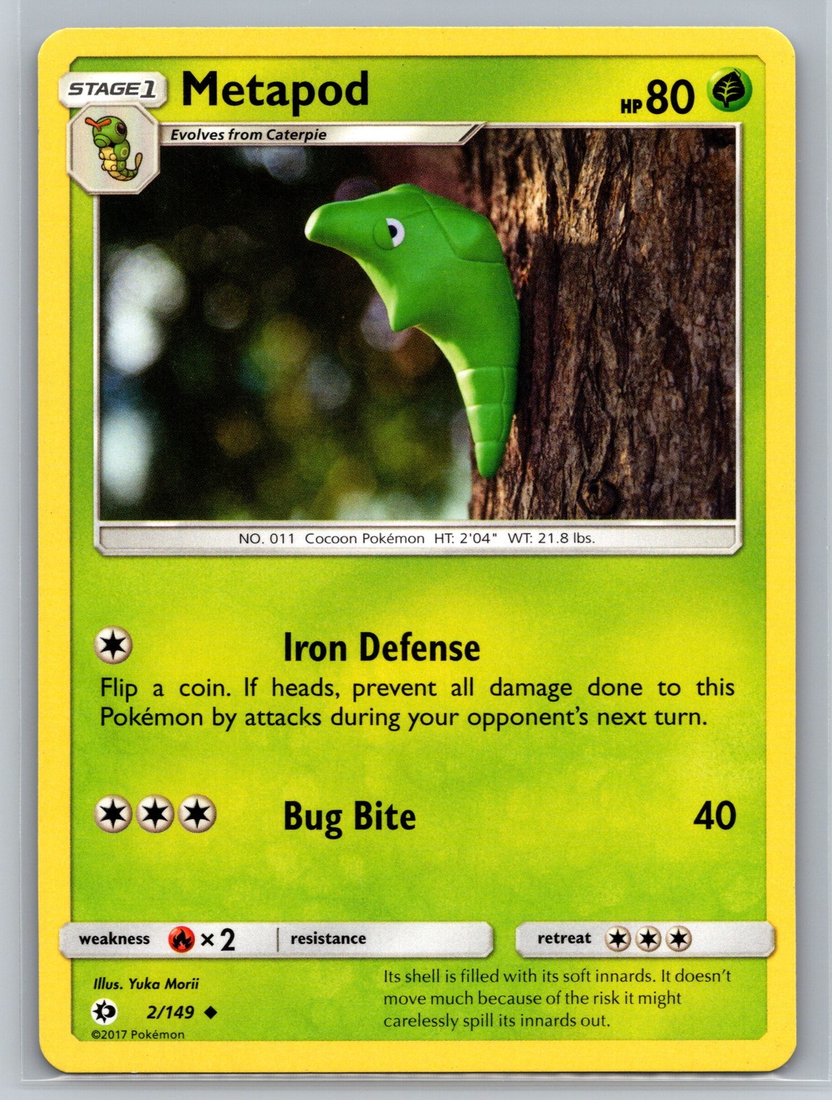 Metapod 2/149 Sun Moon Base Set Pokemon Card Grass Type Stage 1 Iron Defense