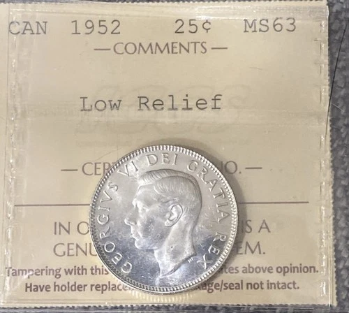 Canada George VI 1952 Silver .25 Cents **Low Relief MS 63** ICCS CERT#  XZJ 068