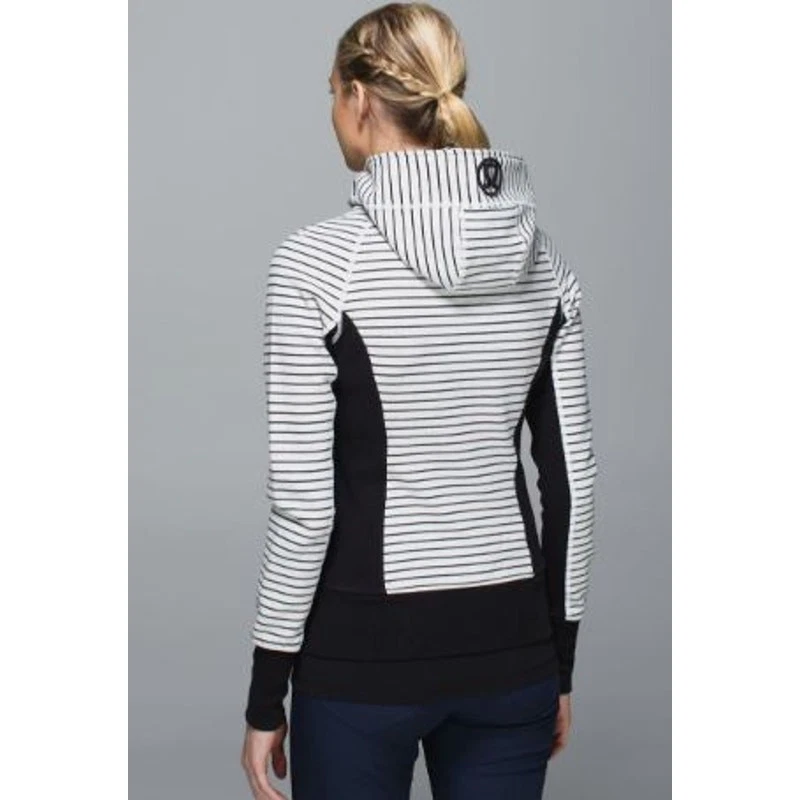 Sudadera con Capucha de Buceo Lululemon Talla 6 Rayas Paralelas Jaspeada Blanca Negra Cremallera Completa Foto 4 de 4