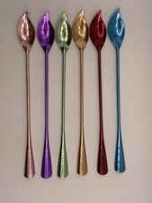 Vintage Anodized Aluminum Leaf Spoons Colorful Long Handle Stirrer Set of 6