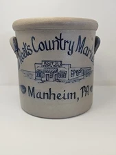 Rowe pottery crock Root's Market Manheim PA stoneware blue 8x8
