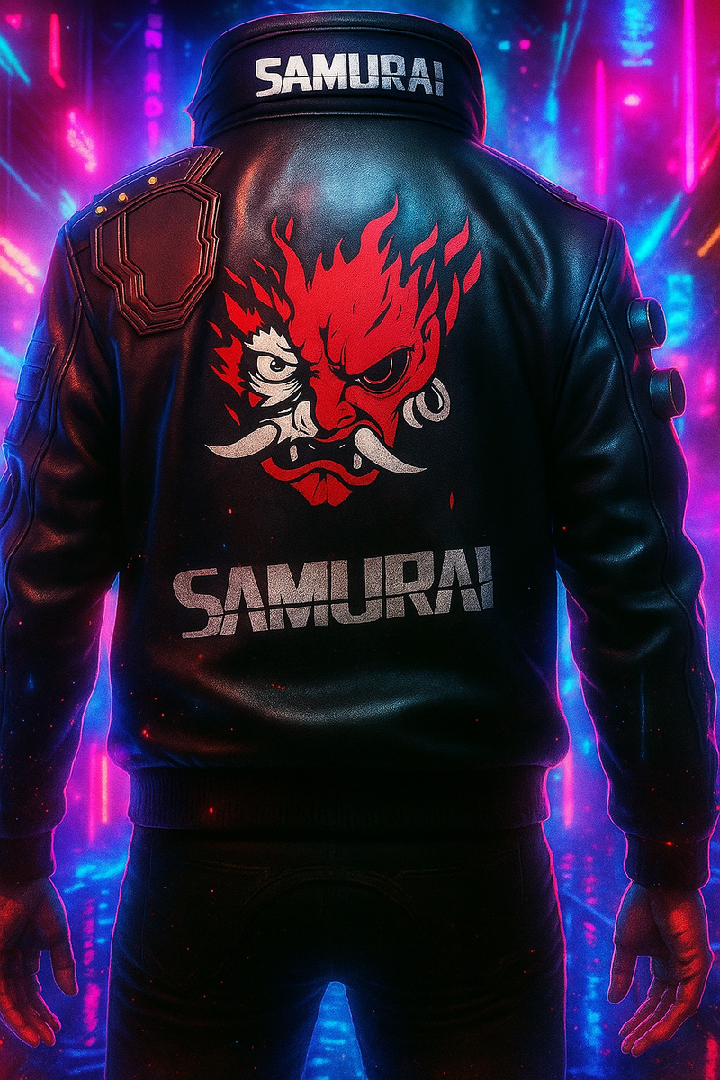 Samurai Leather Bomber jacket Inspired Cyberpunk Handmade For Fans