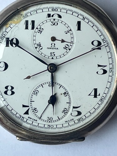 Antique Omega Silver Mechanical Open Face Chronograph Pocket Watch B183