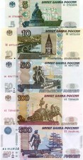 RUSSISCHE FÖDERATION, BANKNOTEN 5, 10, 50, 100, 500 RUBEL 1997/2004, UNC.