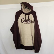 Cinch Mn's Hoodie Sweatshirt Graphic Embroidered Logo Beige Red Colorblock XL