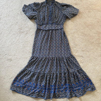 Max Studio Peasant Dress Womens M Blue Floral Maxi Cottagecore Tiered Ruffle 70s