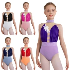 Girls Leotard Dance Jumpsuit Color Block Ballet Dancewear Bodysuit Sports Show