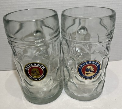 Set (2) 1L Liter Dimpled Glass Beer Mug Stein Paulaner Munchen Oktoberfest