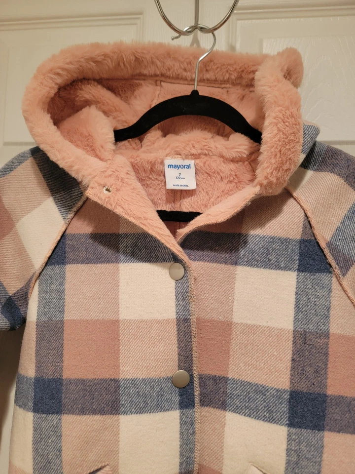 Girls Pink and Blue Plaid Hooded Coat by Mayoral, UK Faux Pink Fur Lining Sz 7 - Image 2 of 4