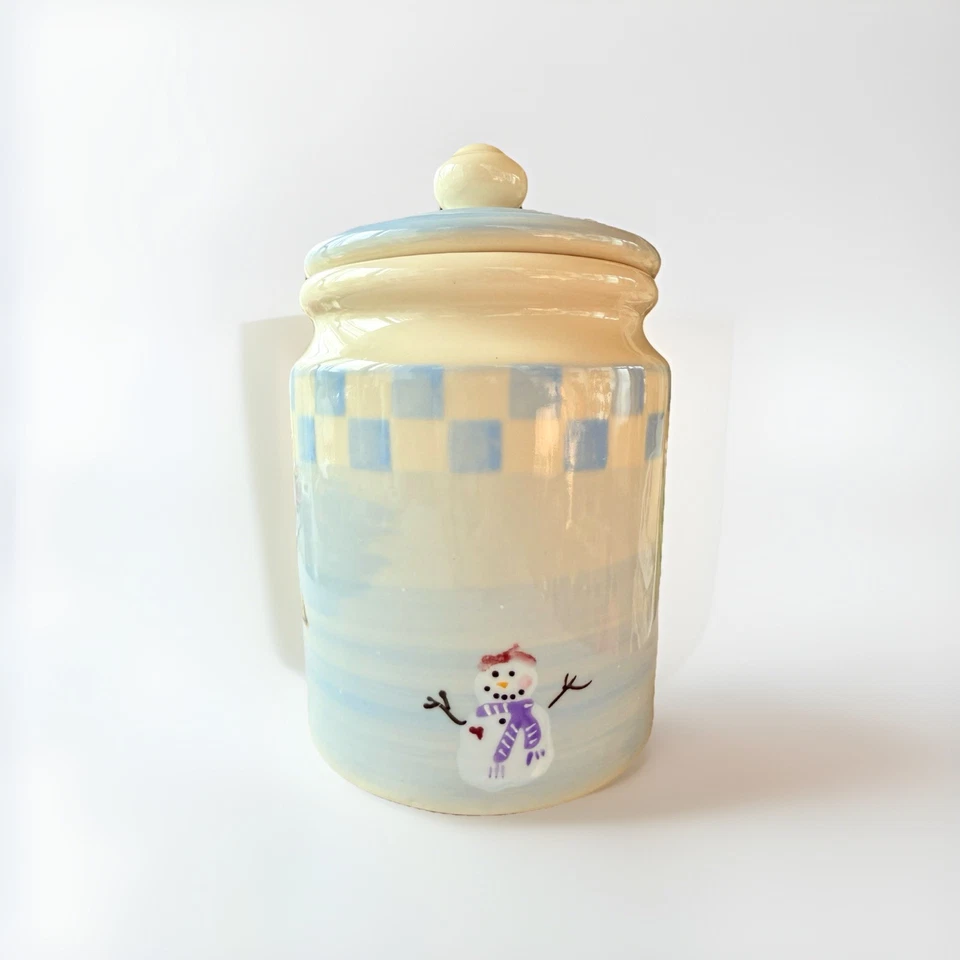 Hartstone Snow People muñecos de nieve copos de nieve bote a cuadros azul tarro de galletas ¡FIRMADO! Foto 4 de 4