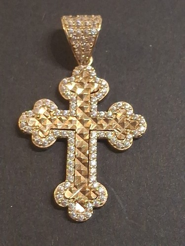 Genuine 10kt Yellow Gold Diamond Cut CZ Iced Bale/Border Cross Pendant Men Woman - Picture 17 of 17