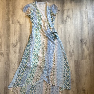 B14 Francesca s Blue Rain Women Size M Blue Patchwork Floral Chiffon Flowy Dress
