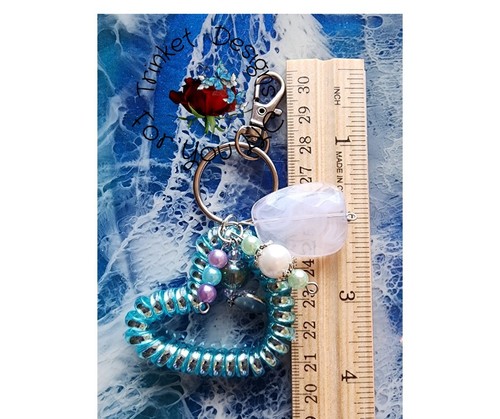 Blue Heart Shape Key Chain Purse Charm With Glass Beads Handmade 4x2 Inches - Picture 4 of 5