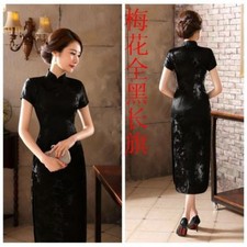 Traditional East Women's Silk Satin Long Dress Cheongsam Qipao SZ S-6XL Blacks