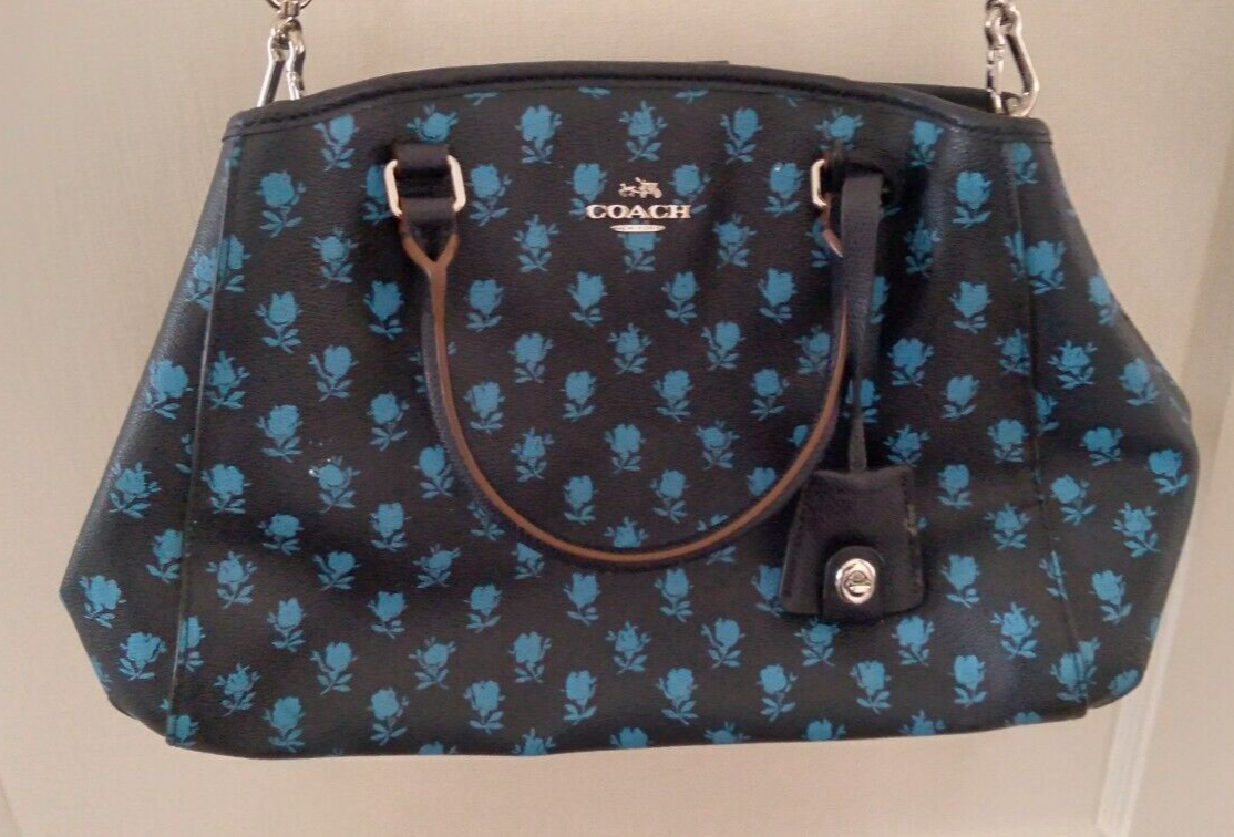 Coach Navy Blue & Light Blue Rose Flower Leather Satchel Handbag