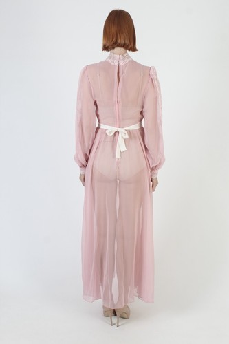Vtg Sheer Victorian Chiffon Dress See Through Lace Edwardian Antique Maxi Gown - Picture 6 of 7