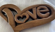 Wood Sculpture Shelf Sitter Art LOVE Heart Sign Decor Chunky Hand Carved